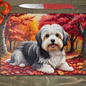 Havanese Dog Fall Kitchen Textured Tempered Glass Trivet/Cutting Board
